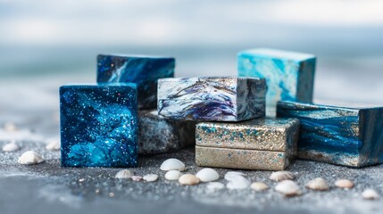 Blue luxury soap blocks with stones and shells for spa beauty visuals, organic skincare advertising or bathroom product photography styling