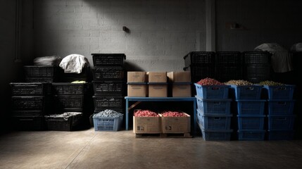 Clothing donations packed in black crates on warehouse floor for humanitarian aid, logistics or social responsibility stock photography concepts