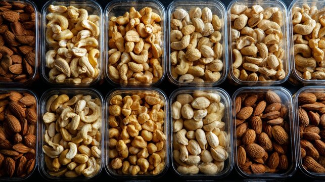 Assorted nuts organized in plastic containers for snack branding, healthy food advertising or grocery product photography design visuals