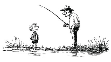 Father and Son Fishing Vector Drawing - Outdoor Recreation Illustration