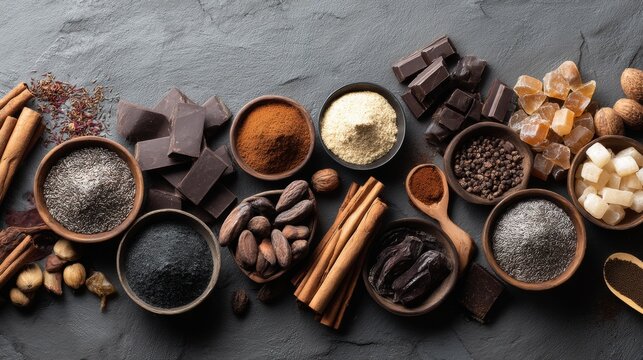 Top view of chocolate ingredients and cocoa powder with nuts for dessert branding, recipe blog or pastry culinary visuals concept