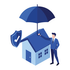 Business Man Holding Umbrella Over House Shield Checkmark