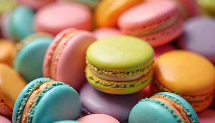 Obraz premium Colorful French macaroons closeup. Pile of sweet almond meringue cookies with cream filling. Tasty dessert biscuits in pastel colors stacked. Traditional confectionery snack delicious treat from