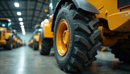 Closeup of large tractor tire on yellow construction vehicle inside factory assembly line. Heavy industrial machinery stands in row in warehouse. Detail of rubber tread, wheel on concrete floor. New