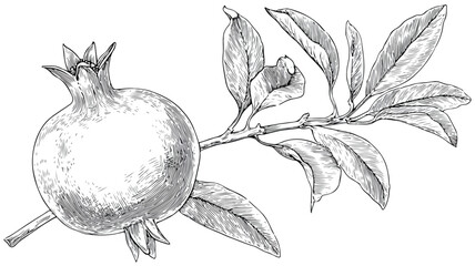 Botanical Illustration of Pomegranate Plant with Leaf - Vector Drawing