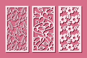 Decorative vertical panels with floral pattern. Vector design for home interior decor, partition, privacy screen, wall art, room dividers. Template for laser, cnc, plasma and plotter cutting