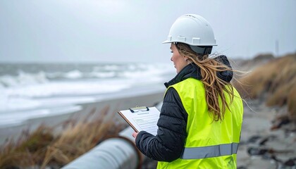 Field Engineer Walking Along Wind-Swept Coastal Pipeline