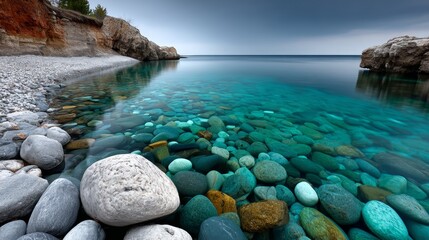 Turquoise coastal water with smooth round rocks for nature destination campaign, travel branding or peaceful wellness content visuals