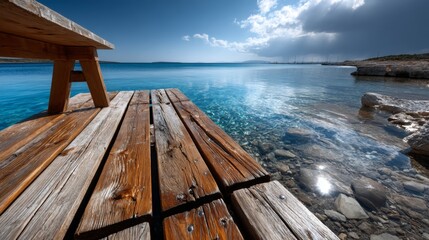 Wooden dock over turquoise water under dramatic sky for travel visuals, relaxation branding or peaceful nature marketing campaigns