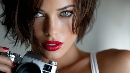 Stylish woman holding camera with bold lipstick for influencer branding, modern photography or editorial lifestyle campaign visuals