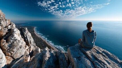 Man meditating on rocky cliff above ocean for mindfulness visuals, travel lifestyle or nature solitude branding content photography