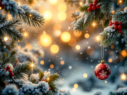 Weihnachten: rote Weihnachtskugel an verschneitem Tannenzweig mit Bokeh-Lichtern und Stechpalmenbeeren