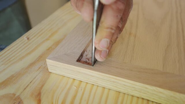 Woodworker carving a mortise with a chisel in a piece of hardwood. The craftsman uses careful, controlled hand movements to clean and shape the recessed joint area.