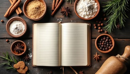 Open recipe notebook with baking ingredients like flour, sugar, cinnamon, star anise, and herbs. Food prep items, cookies, and rolling pin surround blank lined pages for writing recipes.