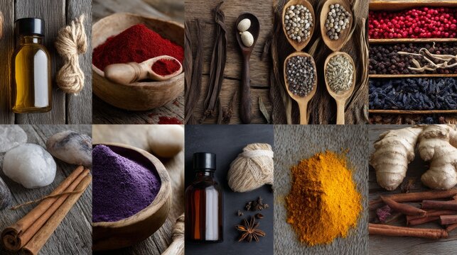 Flat lay of colorful spices and herbs in rustic setting for culinary photography, food branding and organic recipe blog content visuals