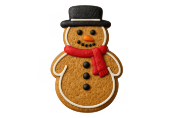 Gingerbread snowman cookie with red scarf and black hat, festive winter holiday season treat, transparent background