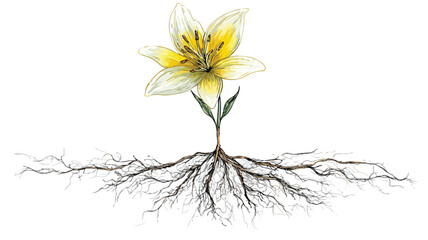 Detailed Yellow Flower Drawing with Exposed Roots Vector Illustration