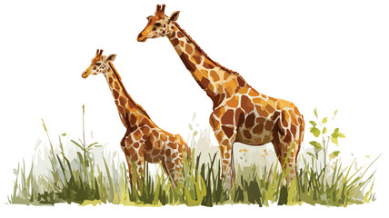 Majestic Giraffe Pair in Lush Grass Field - Vector Illustration