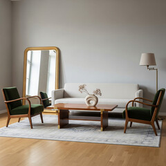 Modern Scandinavian living room interior with neutral color palette, cozy sofa, minimalist coffee table, and natural light from window. Stylish home decor in warm and bright atmosphere.