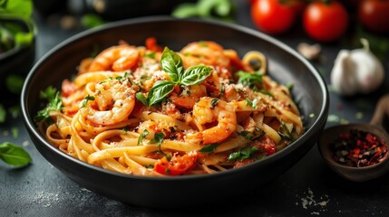 Delicious shrimp pasta dish with fettuccine, garnished with fresh basil and herbs, served in a black bowl, surrounded by tomatoes and garlic, showcasing vibrant culinary presentation