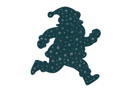 Santa claus silhouette running with snowflakes, delivering gifts and celebrating christmas holidays on transparent background