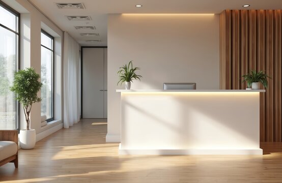 Modern reception desk with computer, plants awaits visitors. Clean interior with wooden wall accent, large windows creates welcoming atmosphere in business lobby clinic waiting area. Natural light