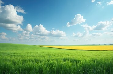Obraz premium Green field, yellow crop field under blue sky with white clouds. Rural landscape with grass, agricultural land. Countryside view with sunny weather, rolling hills. Nature scenery with vibrant colors.
