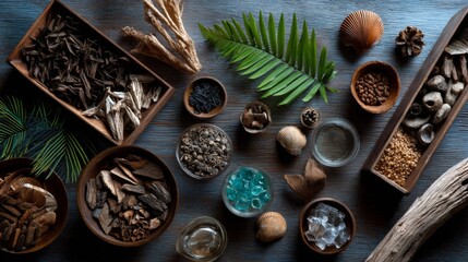 Flat lay of botanical elements and crystals showing nature connection wellness and artistic harmony in styled photography composition