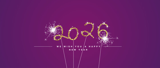 We wish you Happy New Year 2026 eve handwritten tipography with golden glitter stars and sparkler firework purple background greeting card