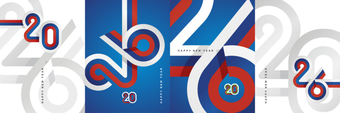 Set of Happy New Year 2026 logo design template. Trendy minimalist vector typography in the shape of a Slovakia ribbon flag for 2026. Concept for branding, calendar, greeting card, banner, poster
