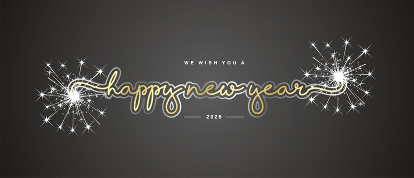 We wish you Happy New Year 2026 new modern light golden white handwritten calligraphic typography lettering with big new year 2026 sparkler fireworks on black background