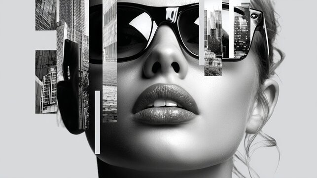 Fototapeta Stylized monochrome portrait with cityscape reflection showing modern fashion identity and urban conceptual blend in artistic photography