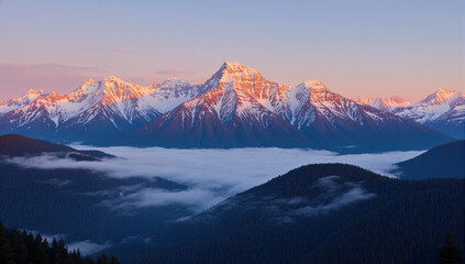 Sunrise over snowcapped mountains, golden light illuminating winter peaks and valleys, breathtaking landscape showing nature’s majestic beauty