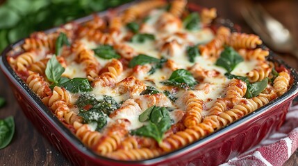 Delicious baked pasta dish featuring rotini noodles, fresh spinach, and melted cheese, served in a vibrant red casserole dish, perfect for family meals and gatherings