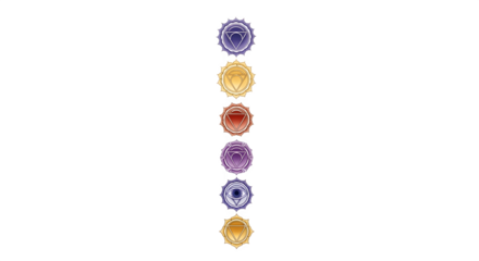 Seven chakra symbols aligned vertically representing spiritual energy centers.