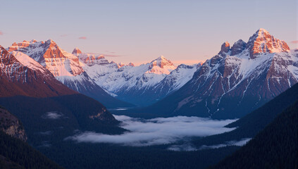 Sunrise over snowcapped mountains, golden light illuminating winter peaks and valleys, breathtaking landscape showing nature’s majestic beauty