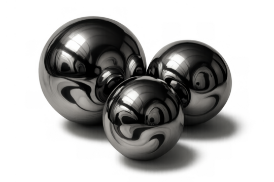 Reflective metal spheres bouncing light creating abstract distortion, black and white composition, transparent background