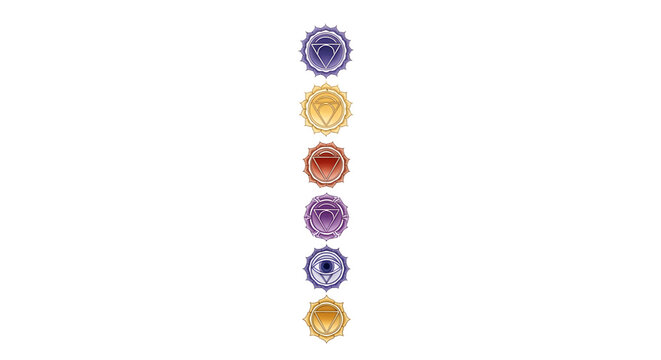 Seven chakra symbols aligned vertically representing spiritual energy centers.