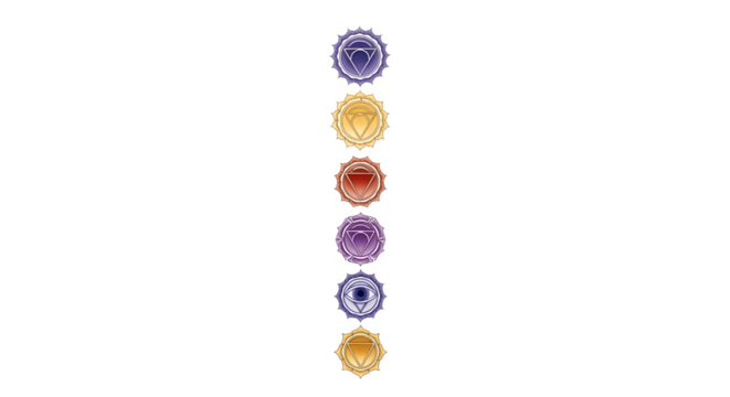 Seven chakra symbols aligned vertically representing spiritual energy centers.