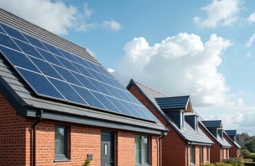 Fototapeta premium Modern brick houses with blue solar panels on tiled roofs under a cloudy sky. These homes utilize photovoltaic technology for clean energy generation. Sustainable residential buildings in England.