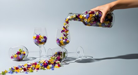 Hand pouring colorful flower petals from a glass bottle into wine glasses on a light gray background, creating a vibrant floral spill