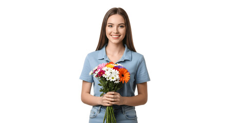 Smiling woman holding a colorful bouquet of gerbera daisies.