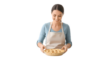 Smiling woman in apron holding a freshly baked pie.