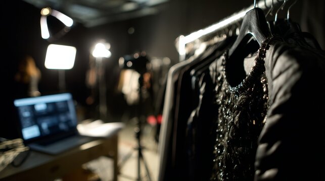 Behind the scenes of fashion production studio showing professional lighting equipment clothing racks and video shoot setup in creative workspace - Powered by Adobe