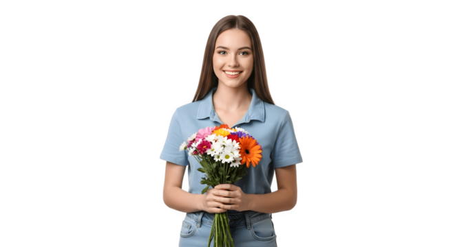 Smiling woman holding a colorful bouquet of gerbera daisies.