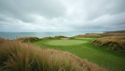 Fototapeta premium Green golf course fairways, greens sit on coastal cliffs near ocean. Tall dry grass covers hillsides under cloudy sky. Links course offers stunning natural beauty. Perfect spot for golf sport