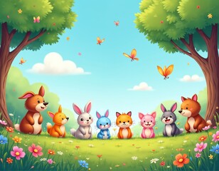 Fototapeta premium Cute cartoon animals including bunnies, foxes sit together in sunny green meadow. Butterflies fly around colorful trees, flowers under blue sky. This friendly group enjoys beautiful day outdoors.