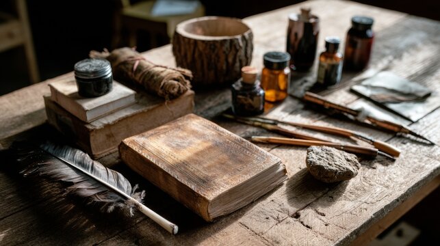 Artist desk with paintbrushes books and vintage bottles representing creativity craftsmanship studio atmosphere and traditional artistic lifestyle photography setup