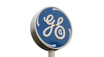 The iconic General Electric GE logo sign isolated on white.