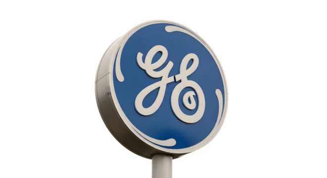 The iconic General Electric GE logo sign isolated on white.